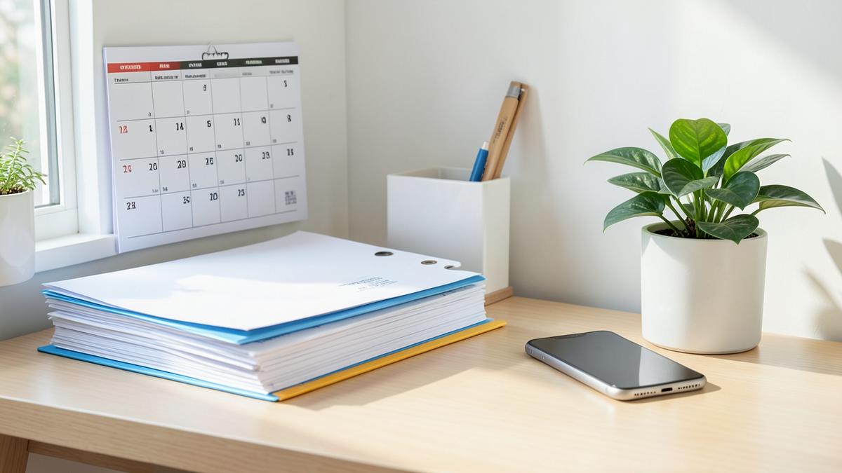 A tidy home desk with document folders, a wall calendar and a phone